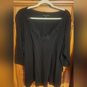 WOMAN WITHIN  Black V-Neck Top with Lace Accent